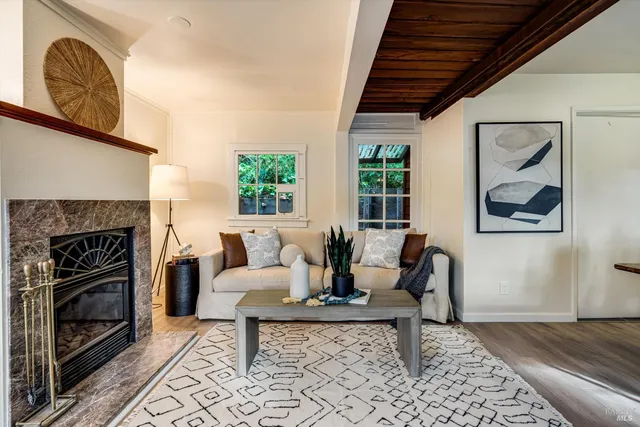 a living room with furniture and a fireplace