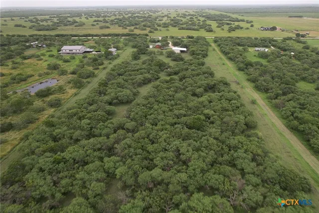 an aerial view of residential houses with outdoor space and trees