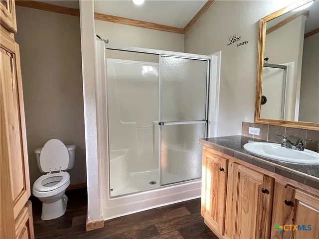 a bathroom with a granite countertop sink toilet and shower