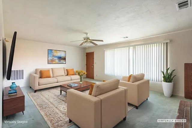 a living room with furniture and a potted plant