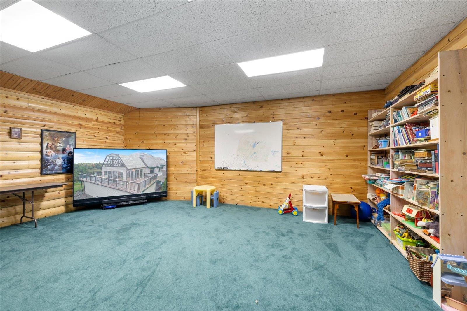 3581 County Line Road Sturgeon Lake, MN 55783 - Photo 85 of 85 Recreation room with wood walls, carpet floors, and a drop ceiling