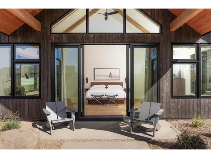 an outdoor space with seating