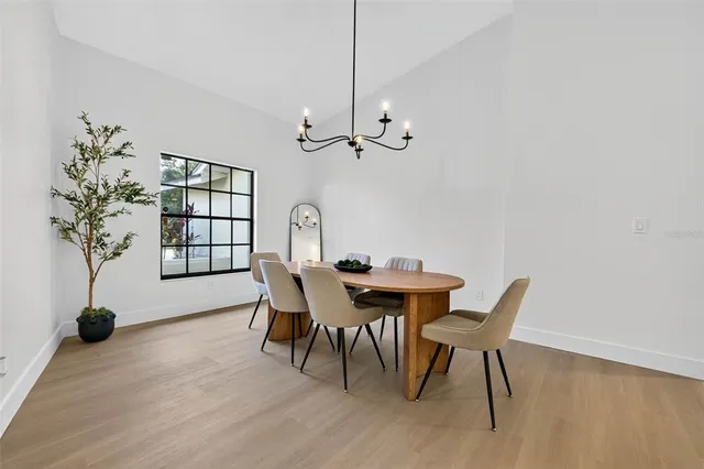 a view of a dining room with furniture and a potted plant