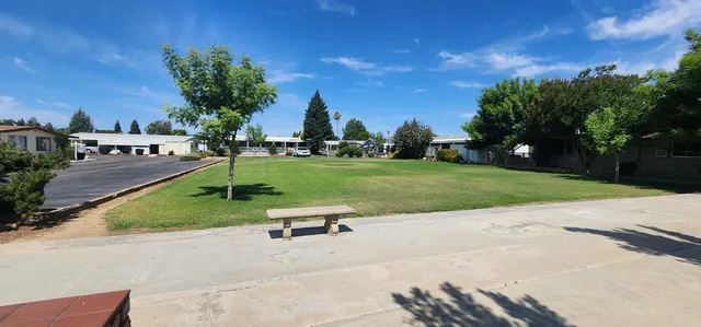 a view of a park with houses