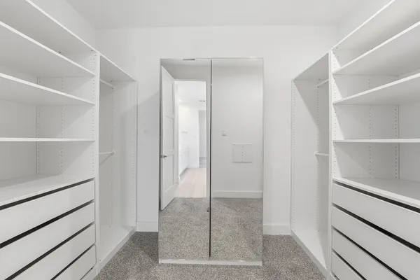 a bathroom with a shower and closet