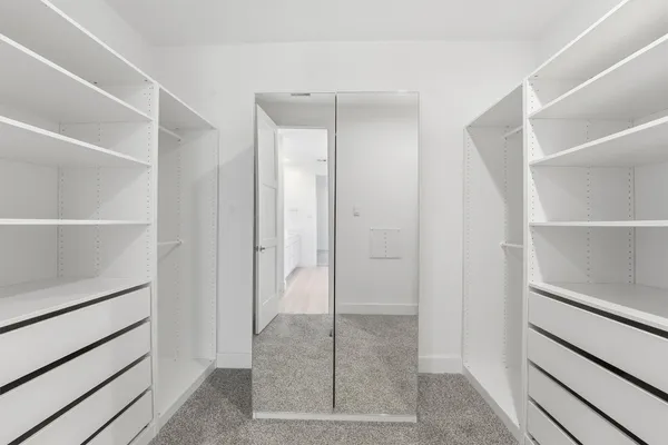 a bathroom with a shower and closet