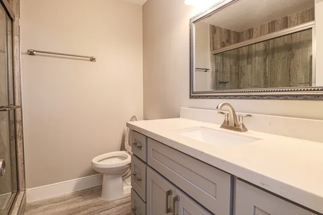 a bathroom with a sink a toilet and a mirror