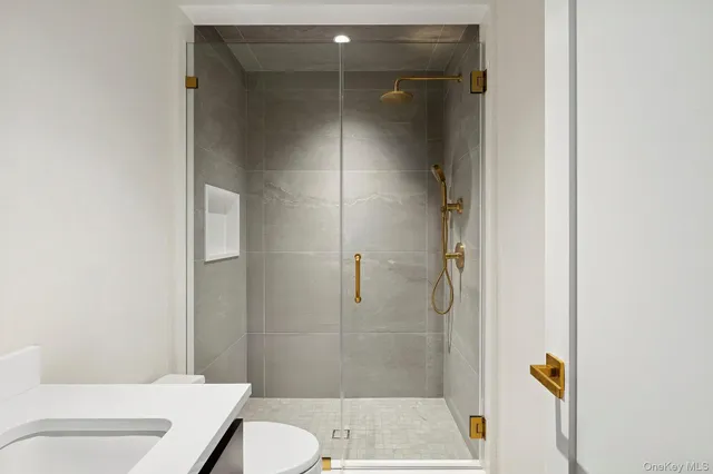 a bathroom with a shower and toilet