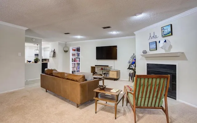 a living room with fireplace furniture and a flat screen tv