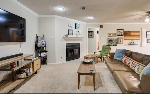 a living room with furniture a flat screen tv and a fireplace