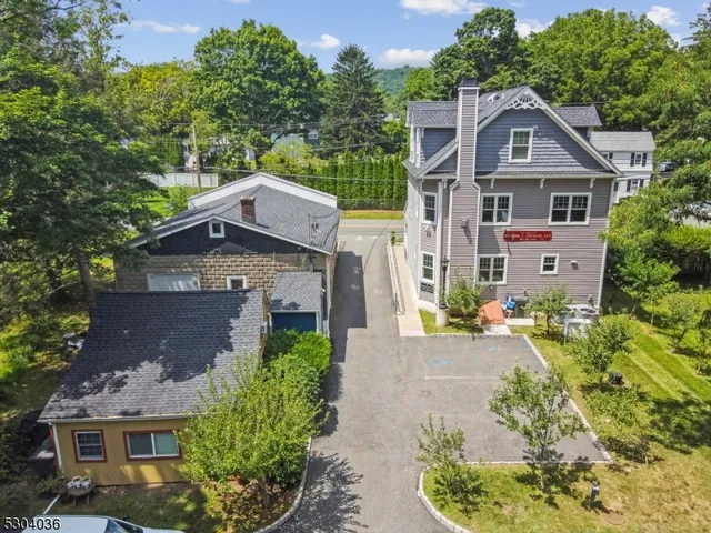 an aerial view of a house with a yard and potted plants