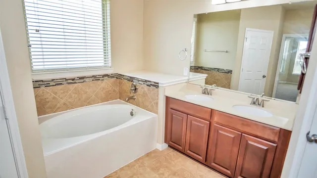 a bathroom with a tub sink and mirror