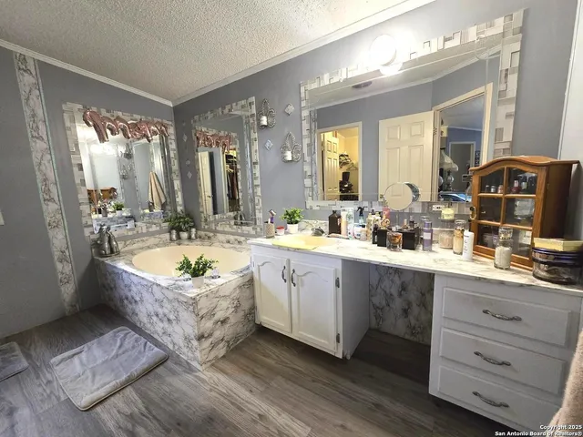 a bathroom with double vanity sinks a large mirror and a bathtub