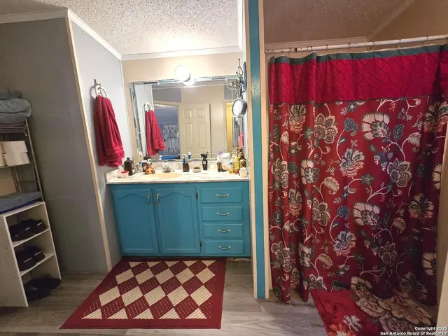 a bathroom with a sink a mirror and a shower