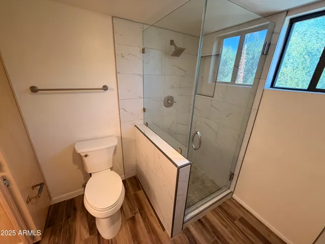 a bathroom with a toilet and a shower