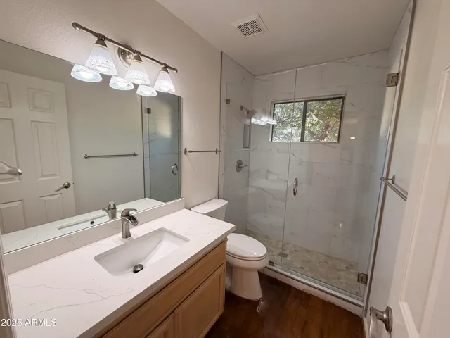 a bathroom with a sink a toilet and shower