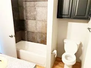 a bathroom with a bathtub and a shower