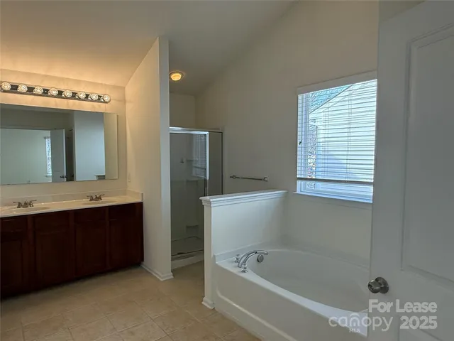 a bathroom with a tub sink and mirror