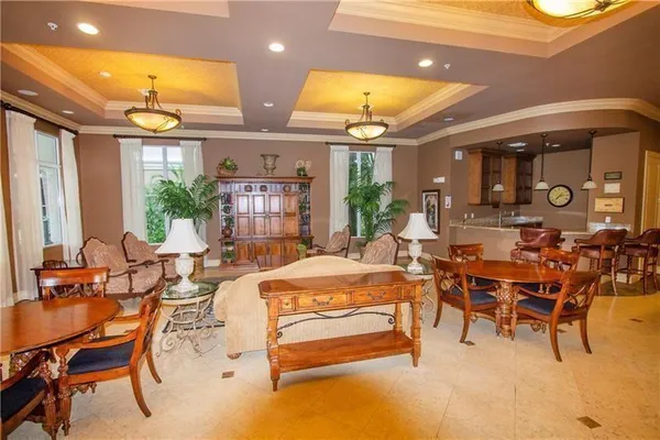a view of a dining room with furniture