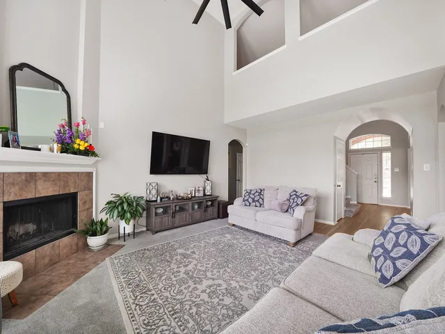 a living room with furniture and a fireplace