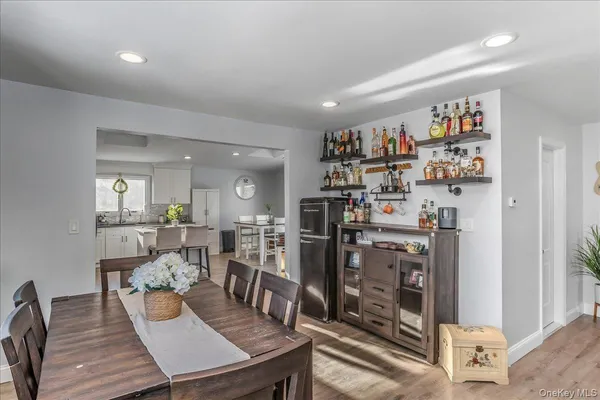 a view of a dining room with furniture