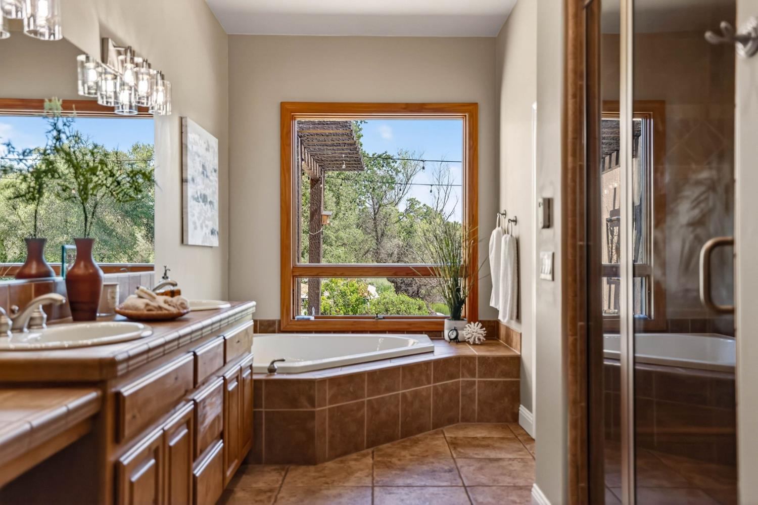 7021 Horseshoe Bar Road Loomis, CA 95650 - Photo 23 of 77 Jetted soaking tub perfectly positioned beneath a picture window, capturing serene views of the surrounding natural landscape.