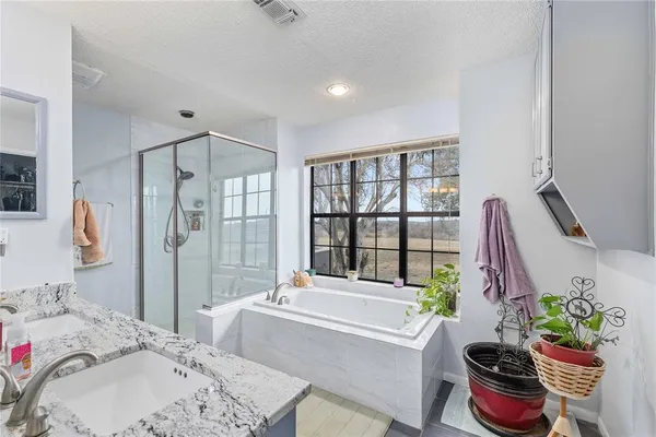 a bathroom with a tub sink and mirror