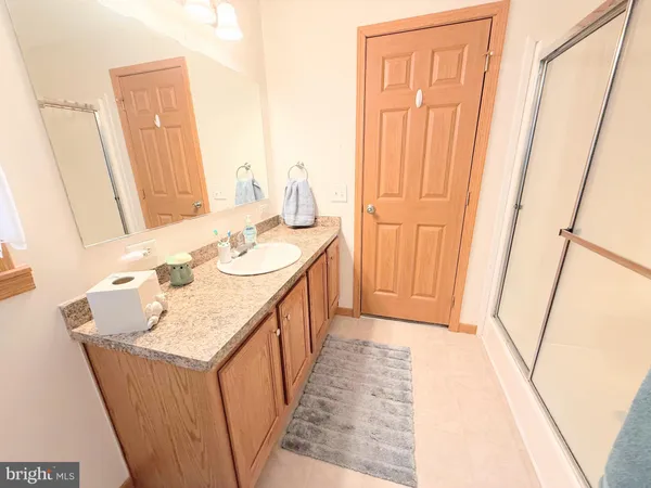 a bathroom with a sink a mirror and a shower