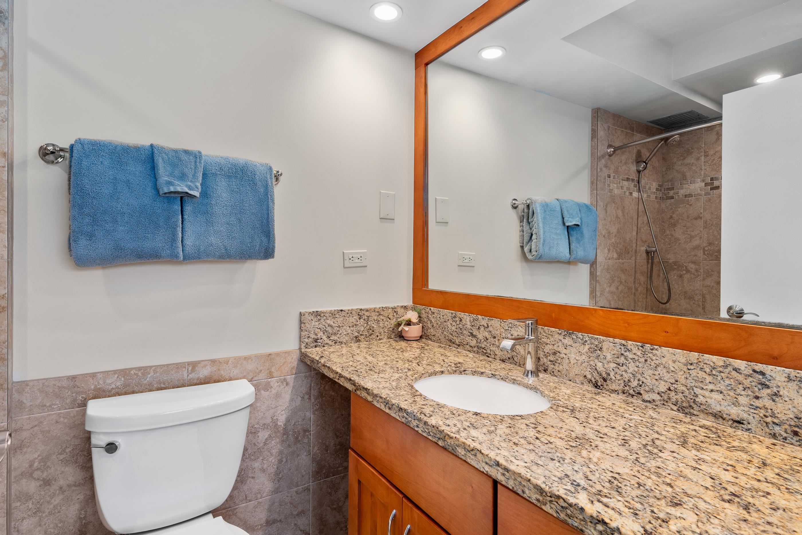 2960 South Kihei Road, Unit 310 Kihei, HI 96753 - Photo 22 of 35 a bathroom with a granite countertop sink and a mirror