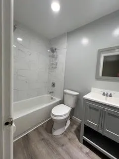a bathroom with a toilet a sink a mirror and a bathtub