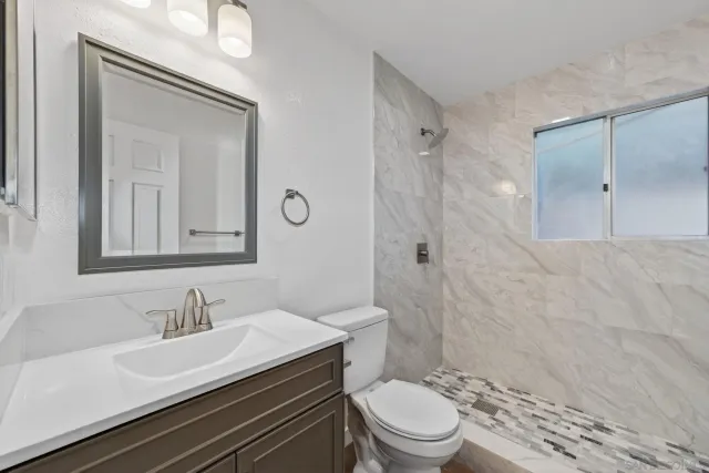 a bathroom with a shower and a toilet