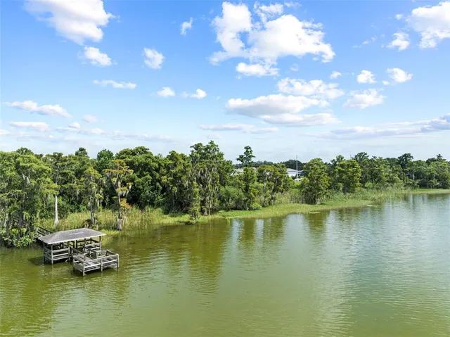 a view of a lake with houses in back