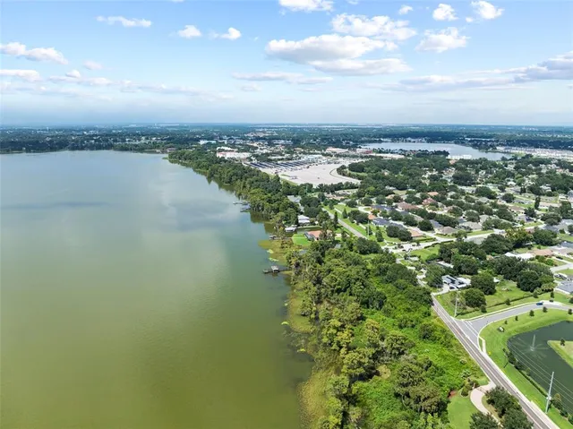 a view of a lake with a city