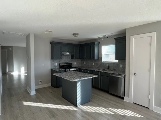 a kitchen with stainless steel appliances granite countertop a stove a sink and a refrigerator