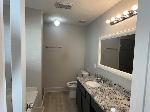 a bathroom with a granite countertop sink a toilet and a mirror