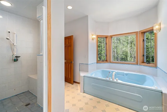 a bathroom with a bathtub and a shower