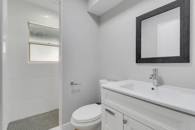 a bathroom with a toilet a sink and mirror