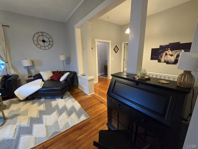 a view of workspace with wooden floor