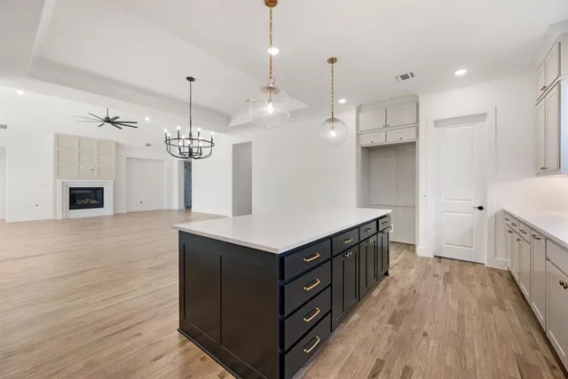 a kitchen with stainless steel appliances granite countertop a refrigerator a sink dishwasher a kitchen island with wooden floor and chandelier