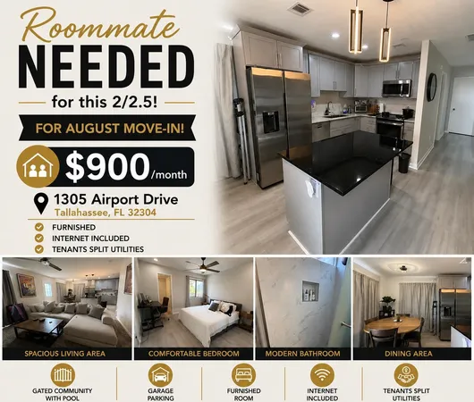 $900 | 1305 Airport Drive, Unit A05, Tallahassee, FL 32304