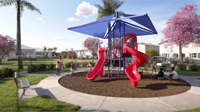 a view of a park with swings