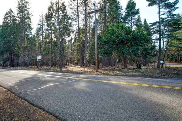 a view of a house with a yard and large trees