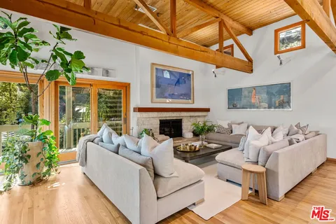 a living room with furniture a fireplace and a potted plant