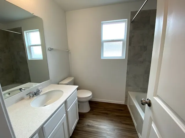 a bathroom with a sink and mirror with toilet