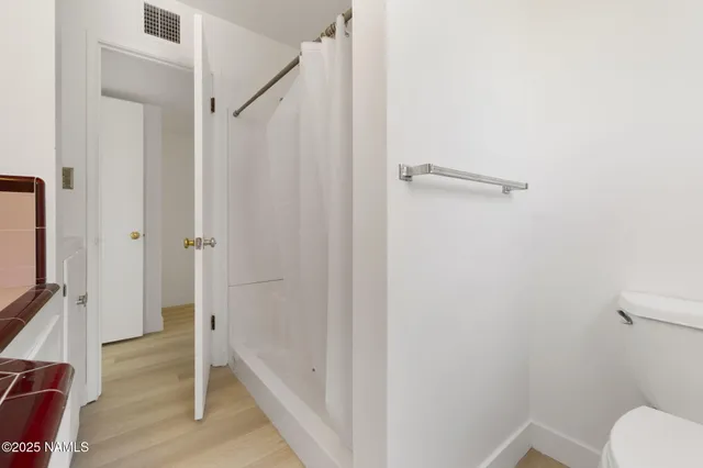 a bathroom with a shower and a toilet
