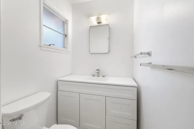a bathroom with a toilet sink vanity and mirror
