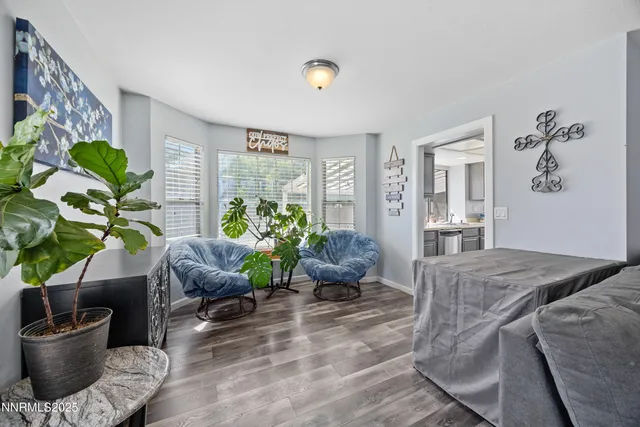 a living room with furniture potted plant and a window