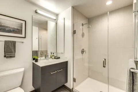 a bathroom with a double vanity sink mirror and toilet