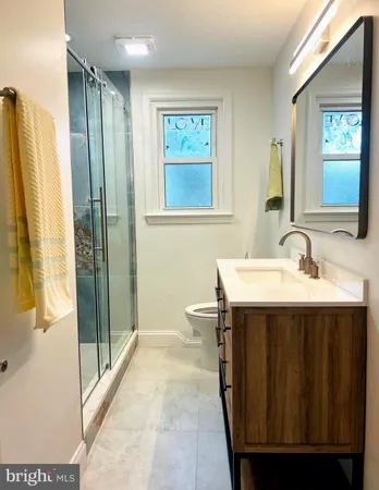 a bathroom with a sink a mirror and a shower