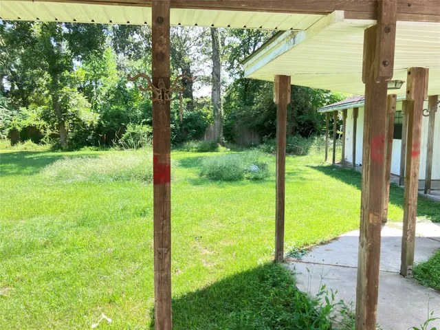 a view of backyard with large trees